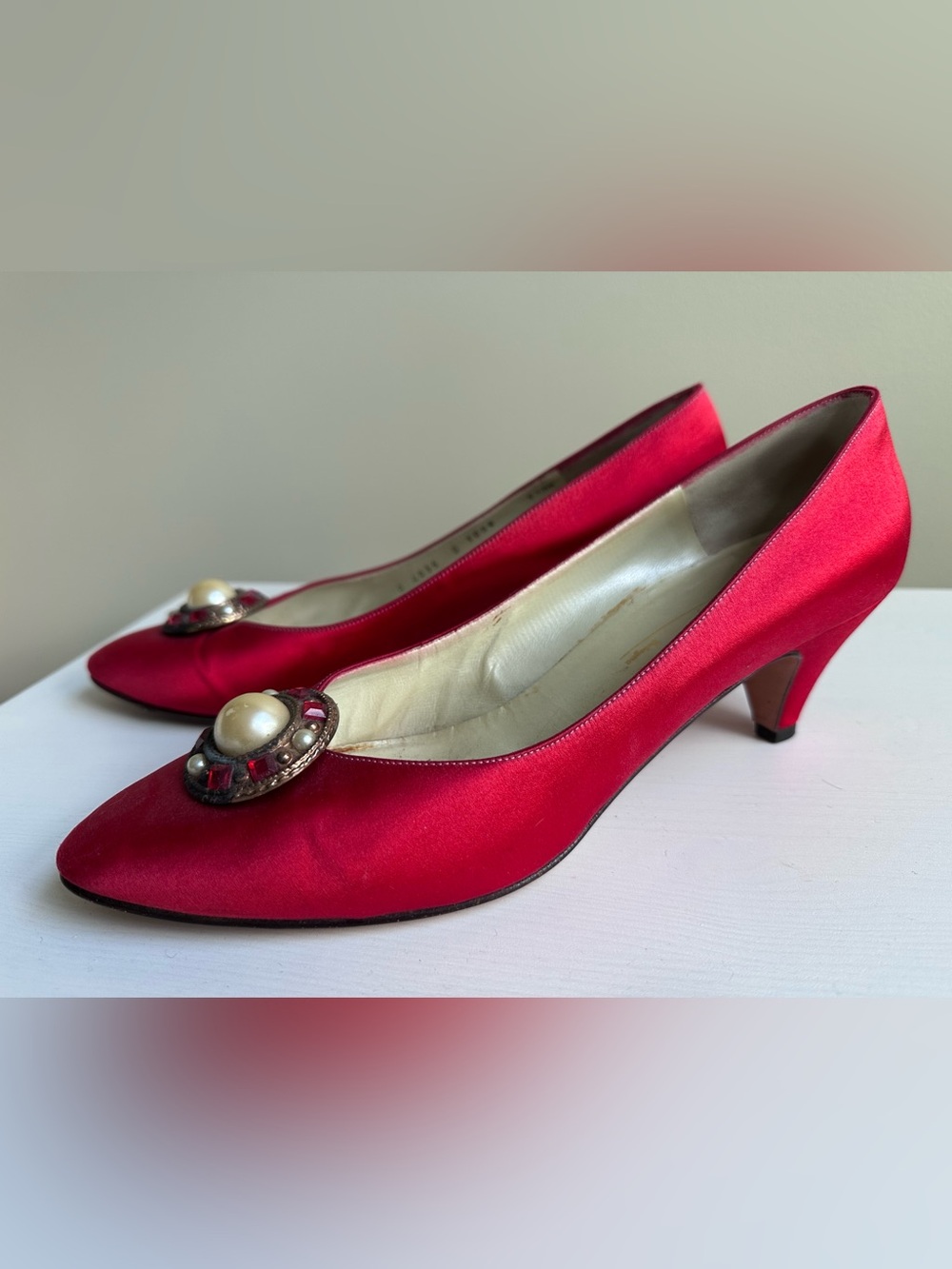 Bruno Magli Red Satin Pearl-Embellished Women's Pumps